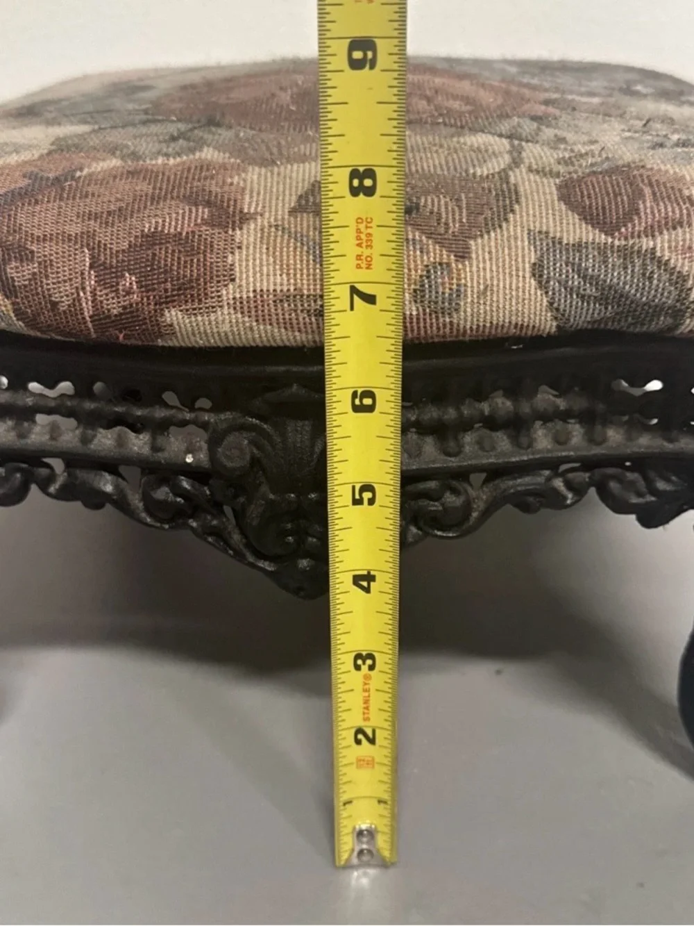 Vintage Cast Iron Footstool With Floral Print Upholstery Ornate Claw Leg 13x13